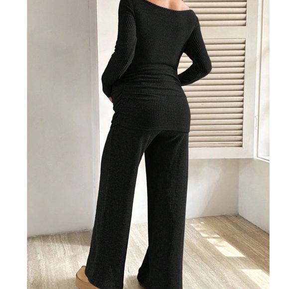 Maternity Wide Scoop Neck Ribbed Long Sleeve Top Wide Leg Pants Set - Picture 8 of 14
